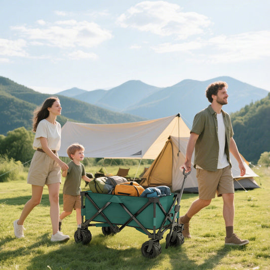 Outsunny Outdoor składany wózek ogrodowy na kółkach, wózek kempingowy do ciągnięcia, przyczepa towarowa z uchwytem teleskopowym, duże koła do ogrodu plażowego, zielony