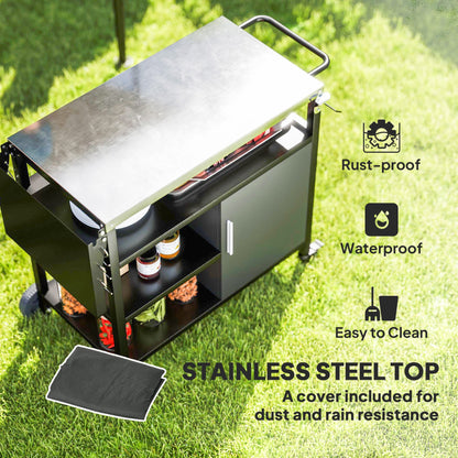 Wózek do grilla Outsunny Outdoor BBQ Trolley ze składanym stolikiem bocznym, blat ze stali nierdzewnej, kuchnia zewnętrzna z kółkami, wieszakami, półkami, szafką, stół do pieca do pizzy, ruchomy wózek do grilla zewnętrznego z pokrywą, czarny