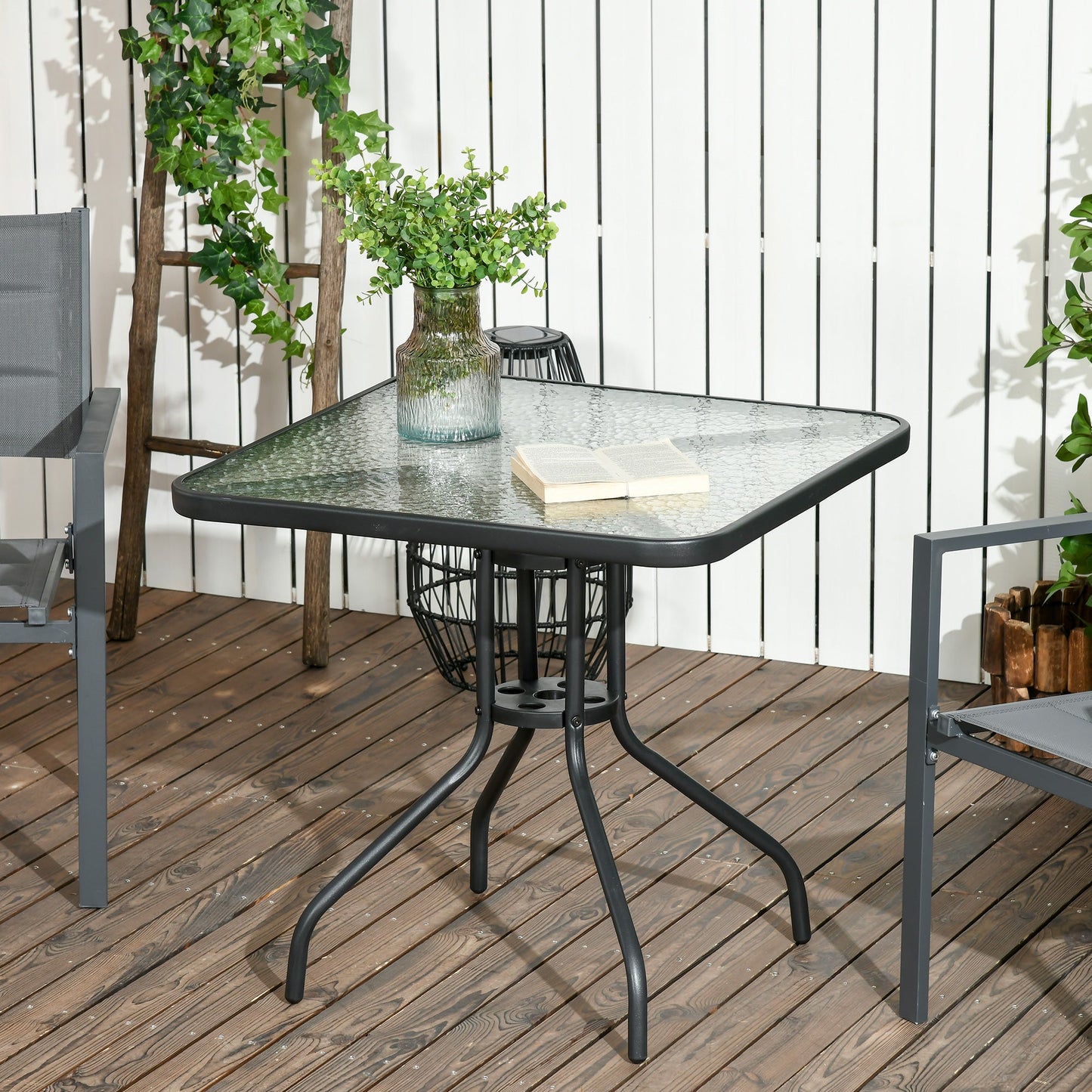 Outsunny Square Patio Table, Tempered Glass Top Bistro Table, Garden Dining Table, Outdoor Accent Coffee Table 76 x 76cm Steel Frame with Umbrella Hole