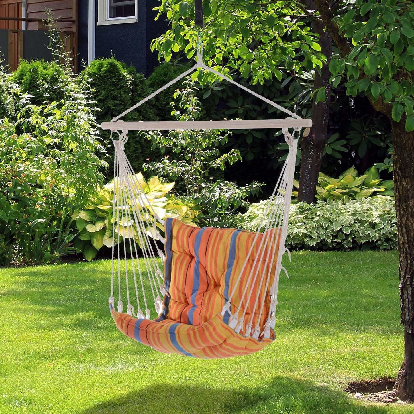 Outsunny Outdoor Hanging Rope Chair with Soft Padded Seat & Backrest, Garden Hammock Chair with Wooden Support Bar Cotton Cloth, Portable Garden Chair for Patio & Tree, Orange