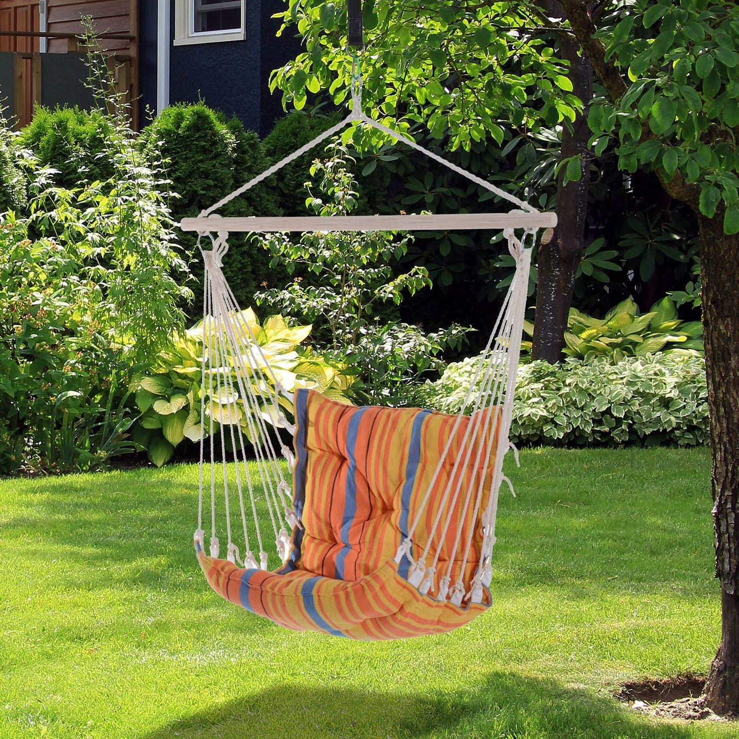 Outsunny Hanging Hammock Chair Cotton Rope Cushioned Chair Garden Yard Patio Swing Seat Wooden Cotton Cloth, Orange