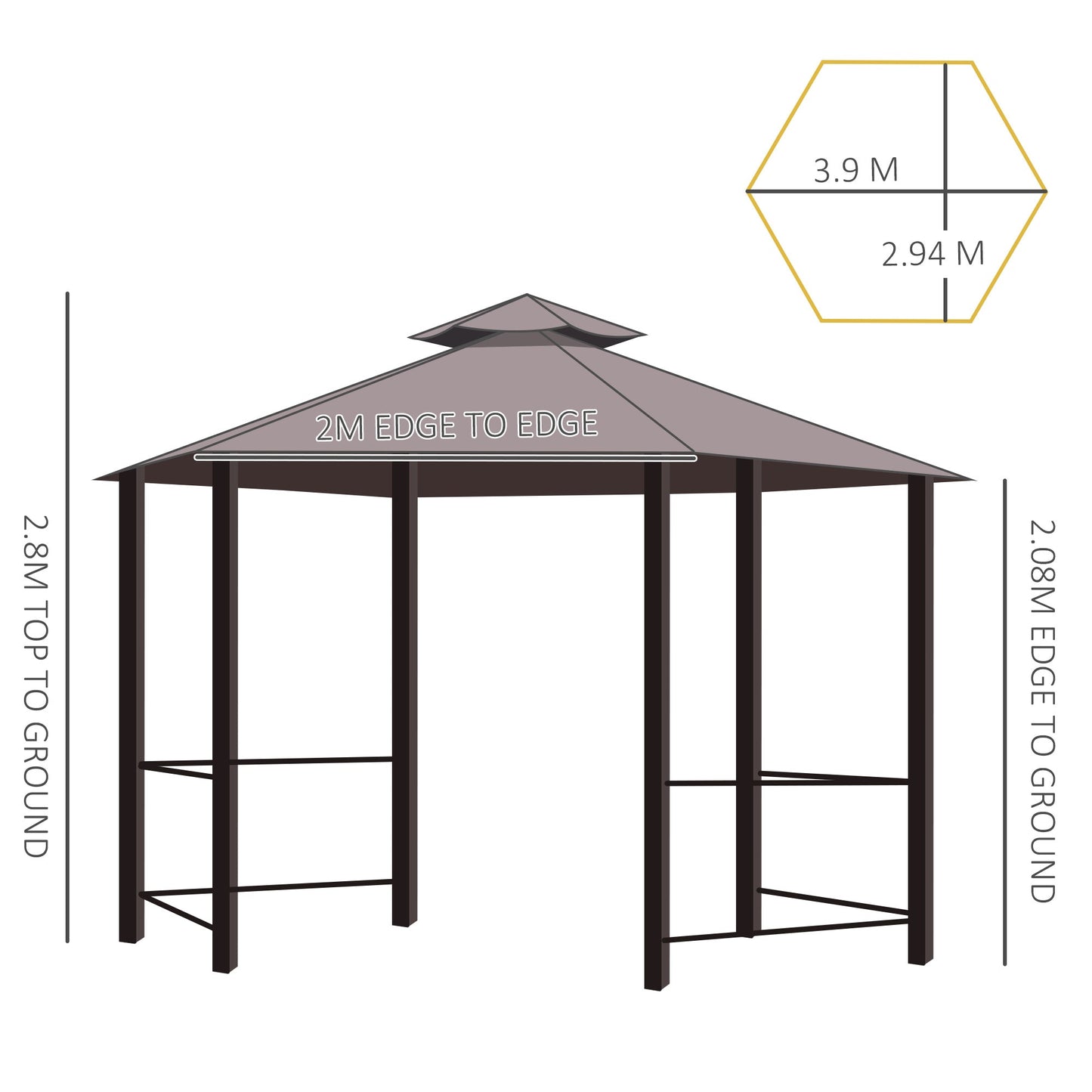 Outsunny Hexagon Gazebo Patio Canopy Party Tent Outdoor Garden Shelter w/ 2 Tier Roof & Side Panel - Brown