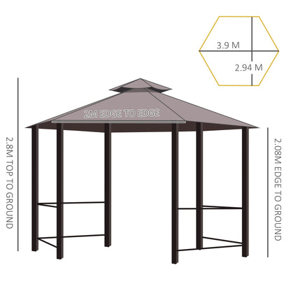 Outsunny Hexagon Gazebo Patio Canopy Party Tent Outdoor Garden Shelter w/ 2 Tier Roof & Side Panel - Brown