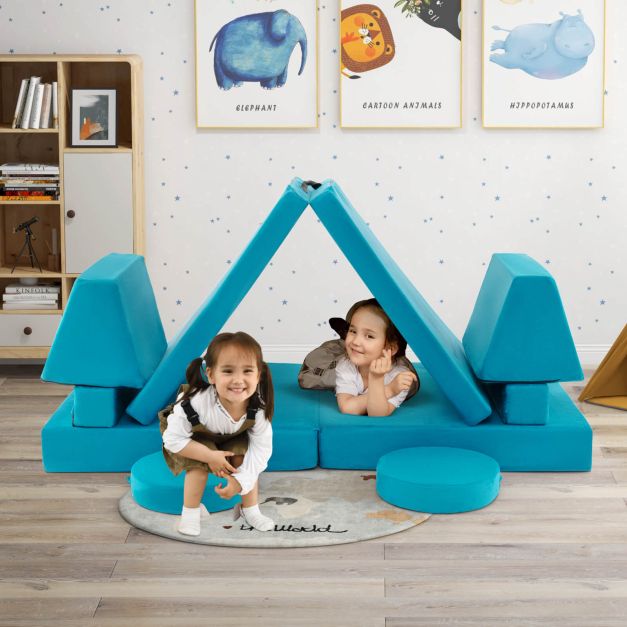 8-Piece Kids Play Couch Sofa with Portable Handle-Green