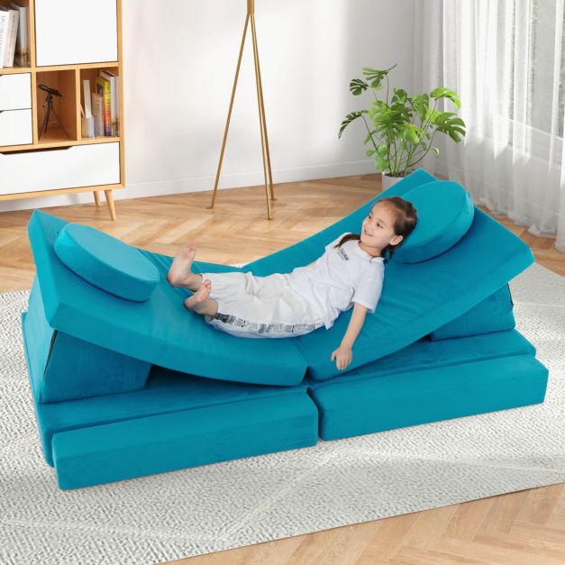 8-Piece Kids Play Couch Sofa with Portable Handle-Green