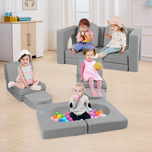 8-Piece Modular Kids Play Couch with Machine-washable Covers-Grey