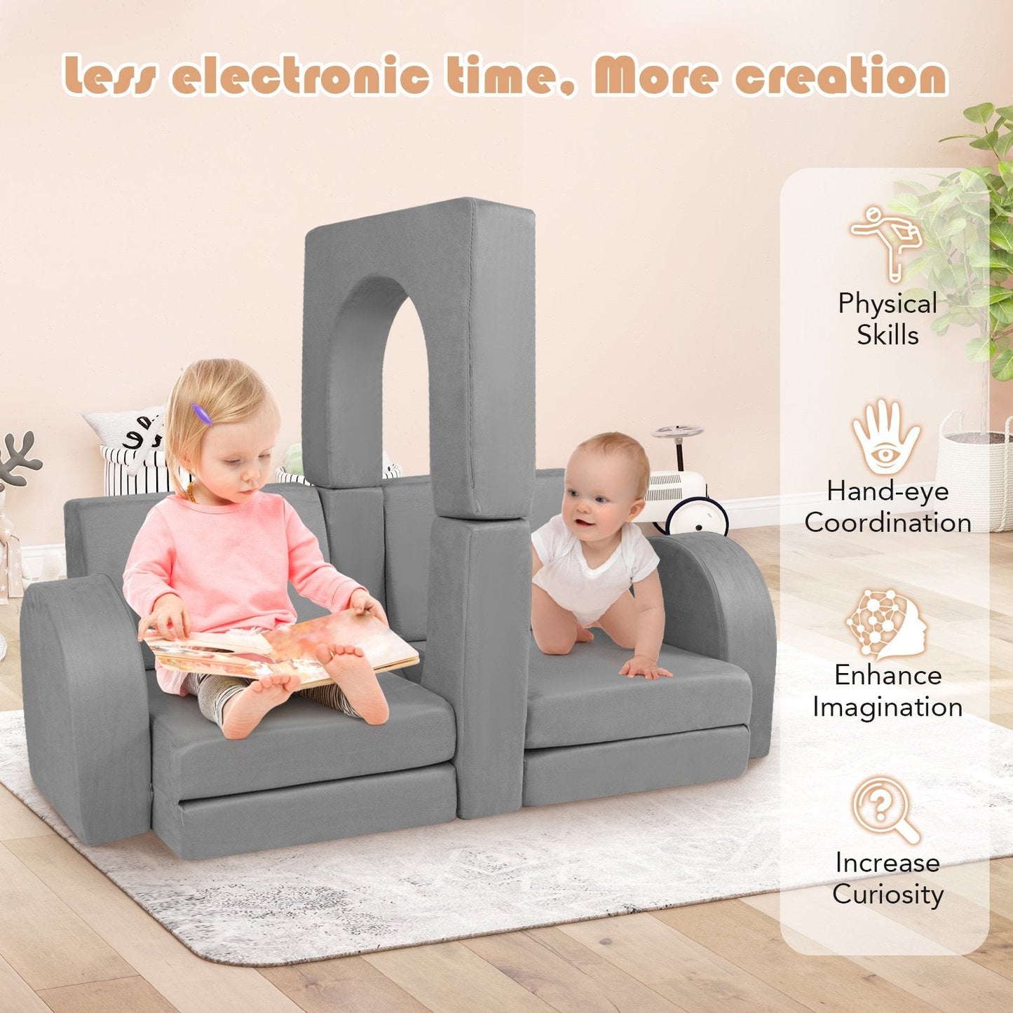 8-Piece Modular Kids Play Couch with Machine-washable Covers-Grey