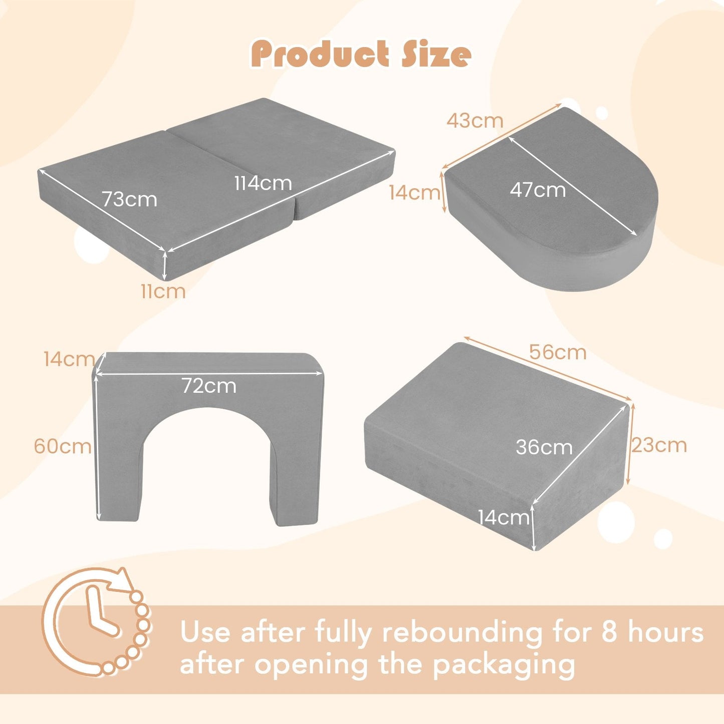 8-Piece Modular Kids Play Couch with Machine-washable Covers-Grey