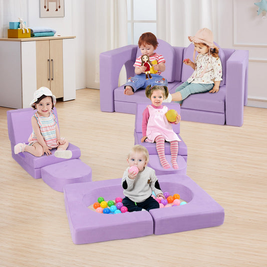 8-Piece Modular Kids Play Couch with Machine-washable Covers-Purple