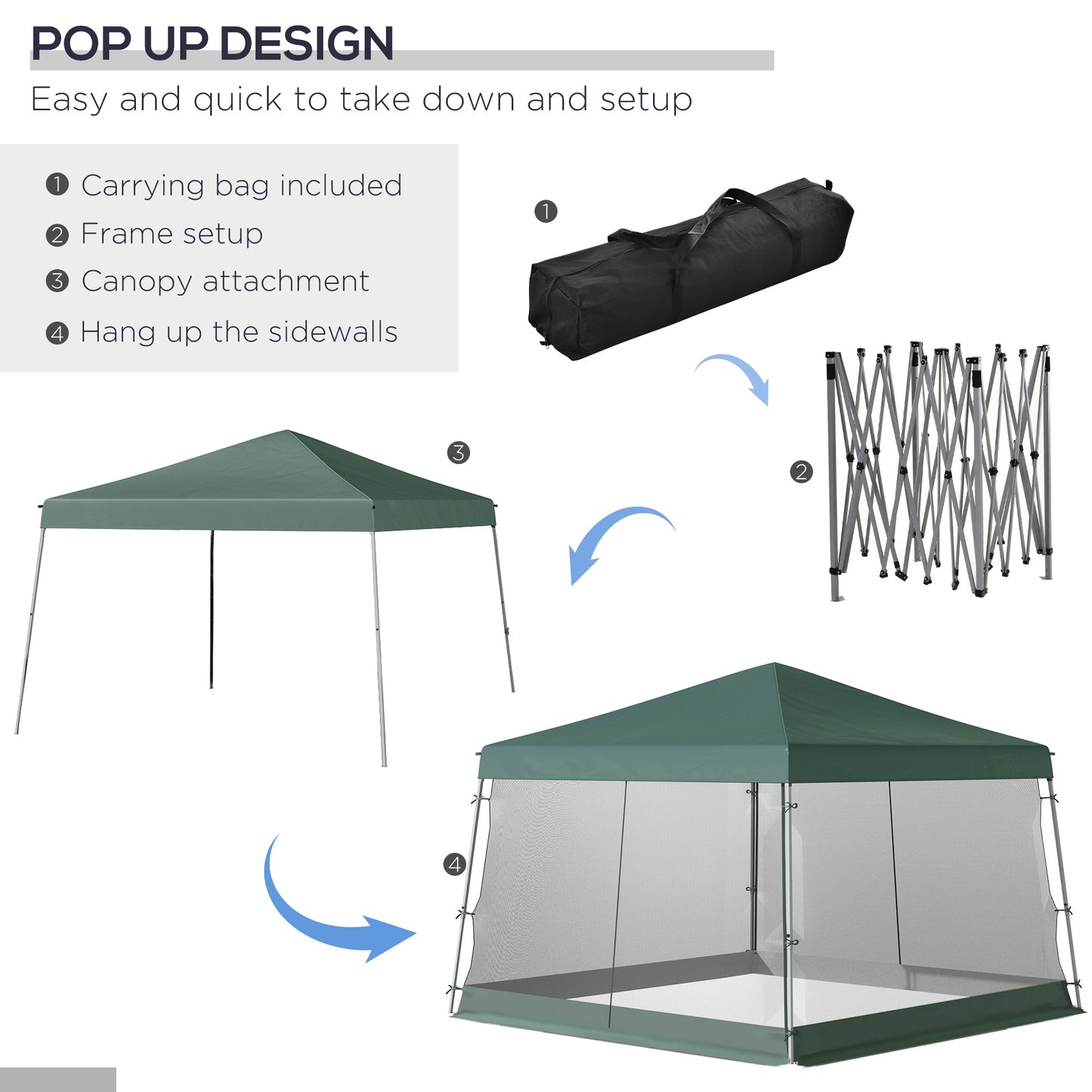 Namiot ogrodowy Outsunny Outdoor z baldachimem, składany, z regulowaną wysokością, siatką, ścianami bocznymi, 3,5 m, podstawa 3,5 m / góra 3 m, kolor zielony