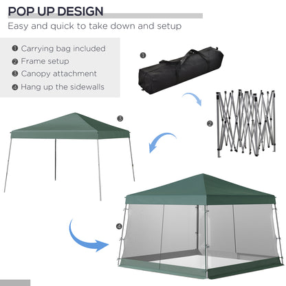 Namiot ogrodowy Outsunny Outdoor z baldachimem, składany, z regulowaną wysokością, siatką, ścianami bocznymi, 3,5 m, podstawa 3,5 m / góra 3 m, kolor zielony