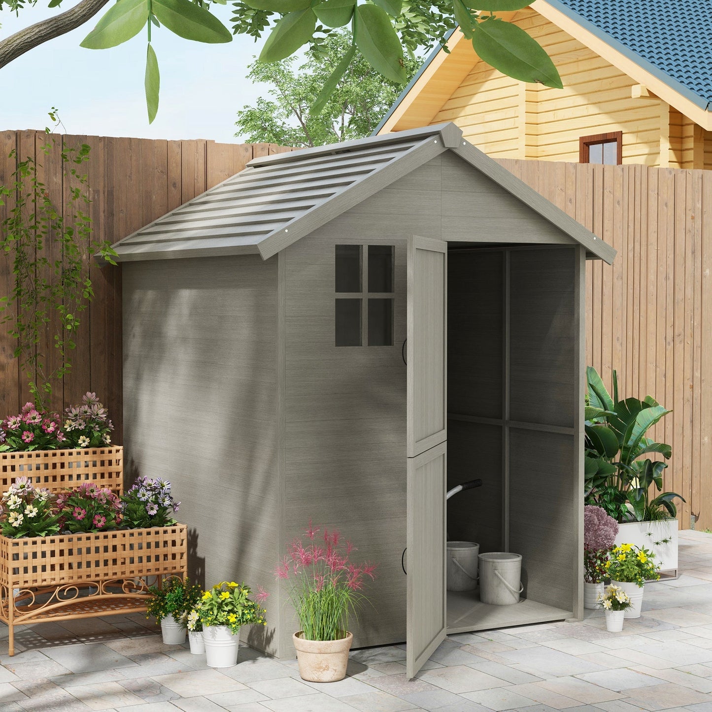 Outsunny 6 x 6.5FT Wooden Shed, Floor Included Garden Storage Shed with Waterproof Apex Roof and Clear Window