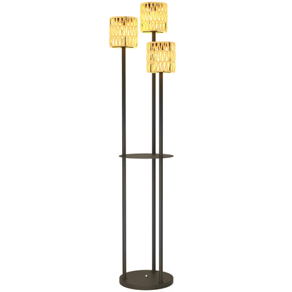 Lampa podłogowa Outsunny Boho Rattan, 3-lampowa lampa rattanowa z półką, wolnostojąca lampa ogrodowa solarna z automatycznym włączaniem/wyłączaniem, IP44 wodoodporna, na werandę, ścieżkę, taras, żółta