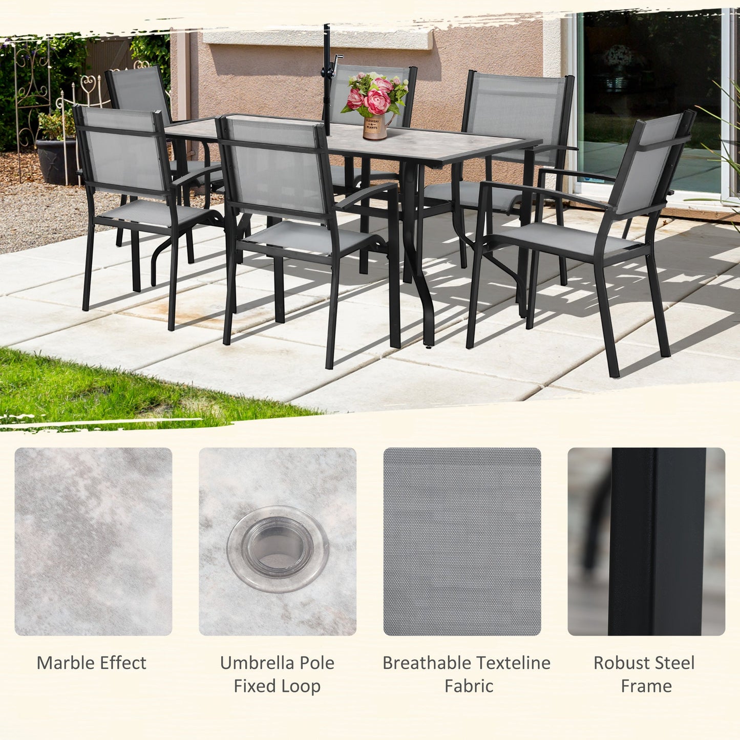 Outsunny 7 Pieces Garden Dining Set, 6 Seater Garden Table and Chairs with Parasol Hole, Outdoor Furniture Armchairs and Stone-like Plastic Top Table with Breathable Mesh Fabric Seat, Grey