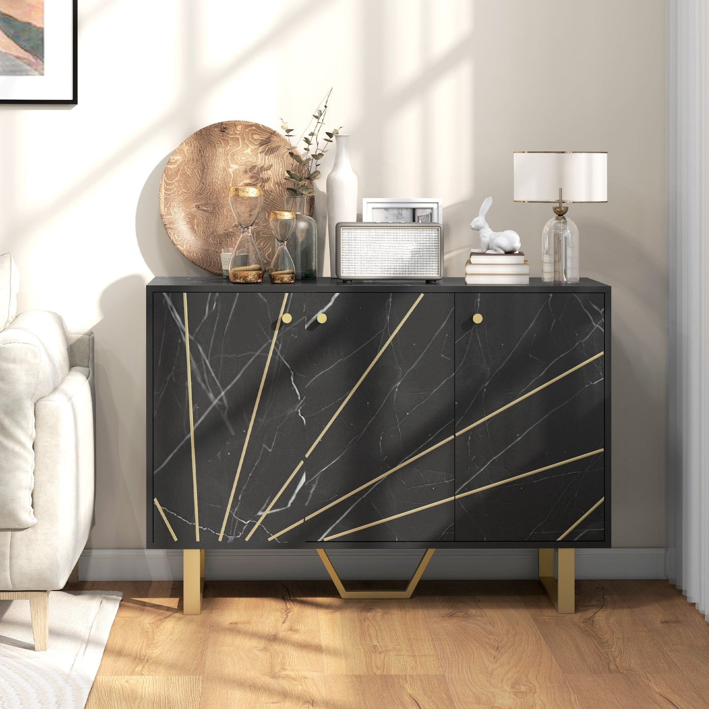 HOMCOM Sideboard Storage Cabinet, Modern Storage Cupboard with Adjustable Shelves and Metal Legs for Living Room, Kitchen, Dining Room, Entryway, Black Marble Tone