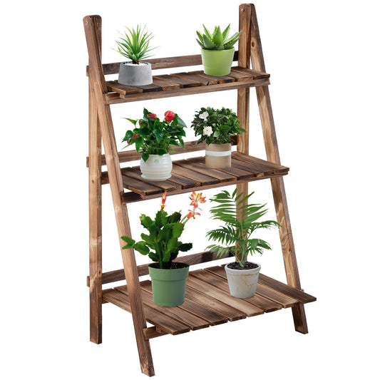 Outsunny Wooden Folding Flower Pot Stand 3 Tier Garden Planter Display Ladder Gardener Storage Shelves Rack Herb Holder (60L x 37W x 93H cm)