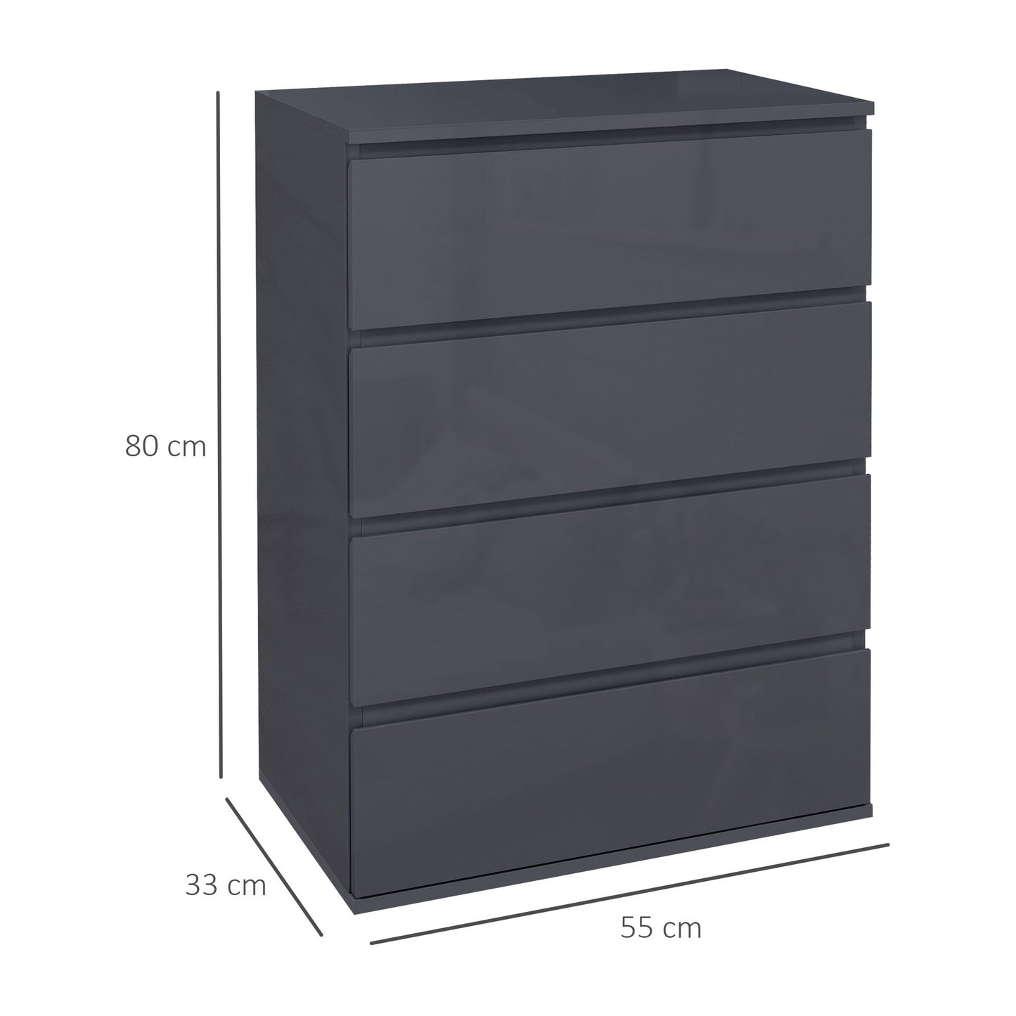 Komoda HOMCOM High Gloss, 4-szufladowe szafki do przechowywania, nowoczesna komoda do sypialni, szara