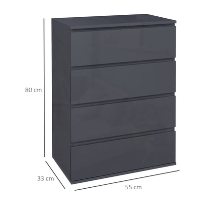 Komoda HOMCOM High Gloss, 4-szufladowe szafki do przechowywania, nowoczesna komoda do sypialni, szara