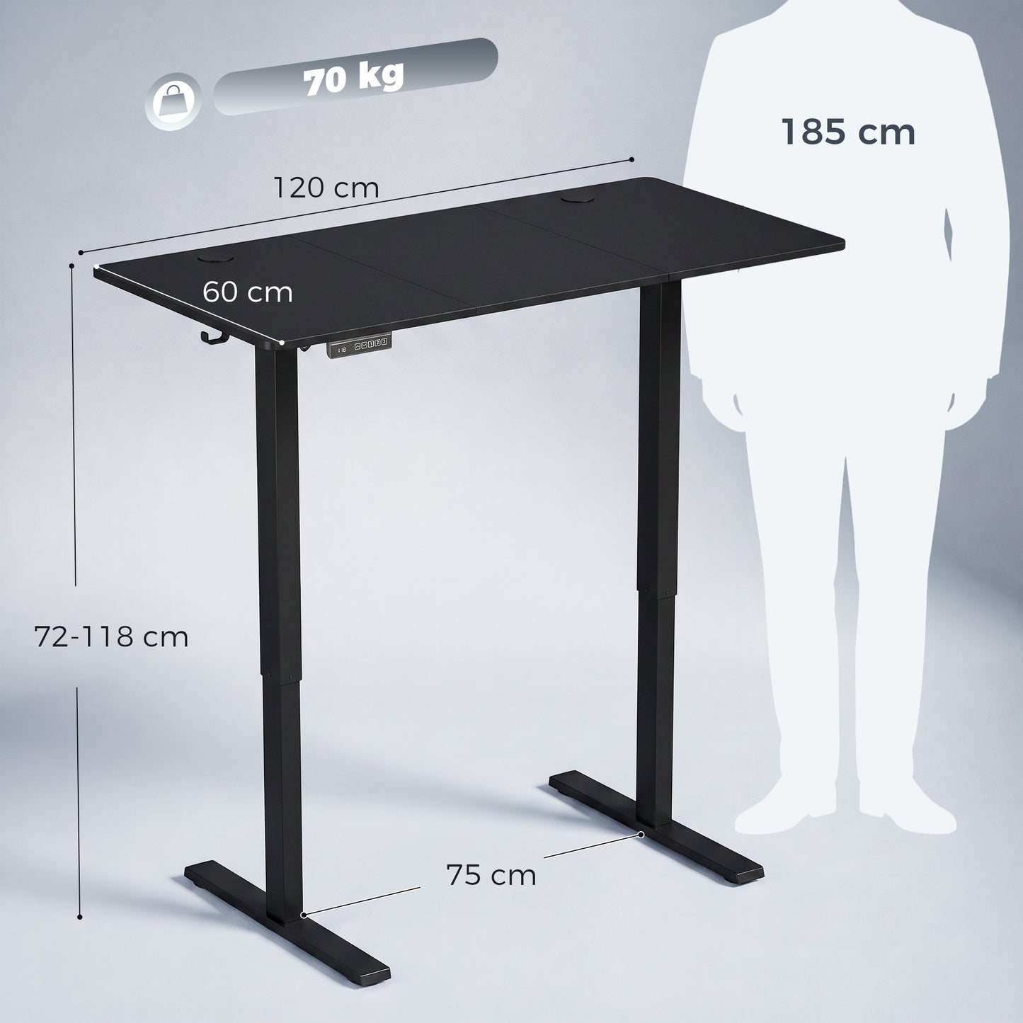 HOMCOM Standing Desk Memory Control Height Adjustable Desk 2 Cable Holes LED Display Sit Stand Desk Black