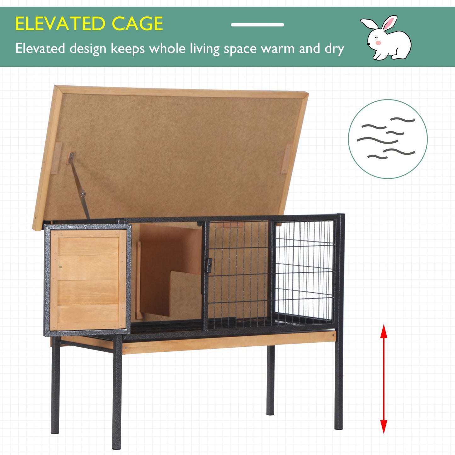 PawHut Wooden Guinea Pigs Hutches Elevated Pet House Bunny Cage with Slide-Out Tray Lockable Door Outdoor Openable Roof 91.5 x 45 x 70cm Natural Wood