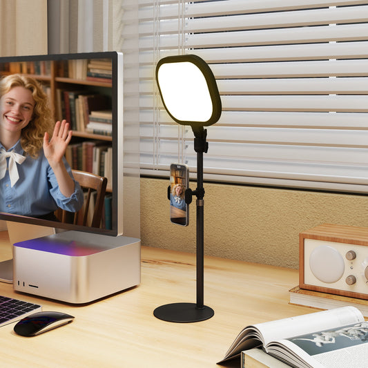 HOMCOM Selfie Light do oświetlenia wideokonferencji, ściemnialna lampa biurkowa z uchwytem na telefon, 5 trybów kolorów i 10 poziomów jasności, funkcja pamięci do domowego biura, nagrywania, połączeń wideo, czarny