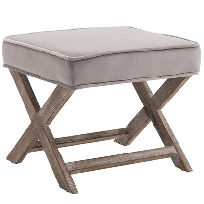 Retro Style Vintage Footstool Padded Seat X Leg Chair Velvet Cover Shabby Chic Footrest Solid Rubber Wood 49.5 x 45 x 41 cm Grey