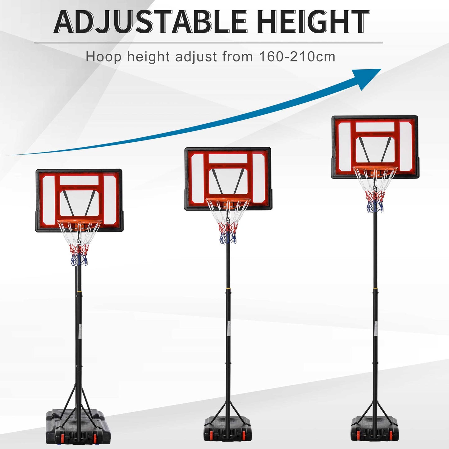 Portable Basketball Hoop Stand 160-210cm Adjustable Height Sturdy Rim Hoop w/ Large Wheels Stable Base & Net Free Standing