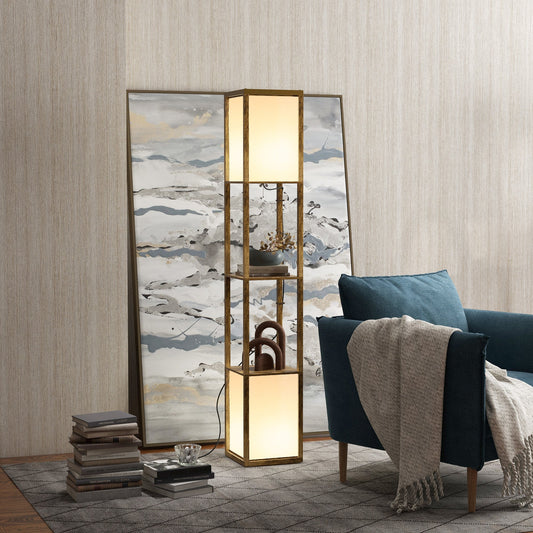 HOMCOM Nowoczesna lampa podłogowa półkowa z podwójnym światłem otoczenia, lampa stojąca do salonu, sypialni, 156 cm, brązowa