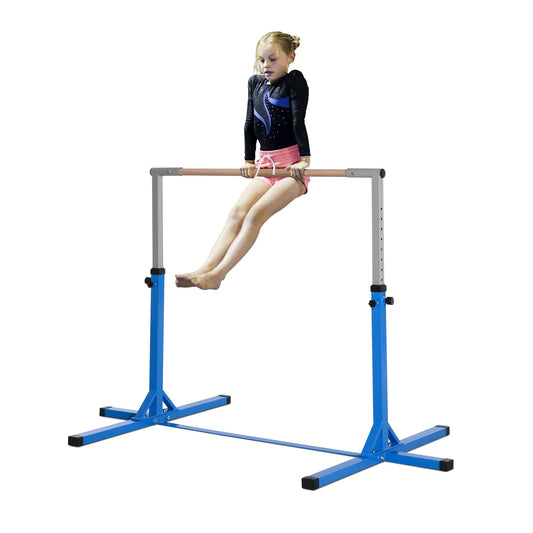 HOMCOM Height Adjustable Gymnastics Horizontal Bar For Kids Home Gym Training Children Junior Kip High Bar Fitness Blue