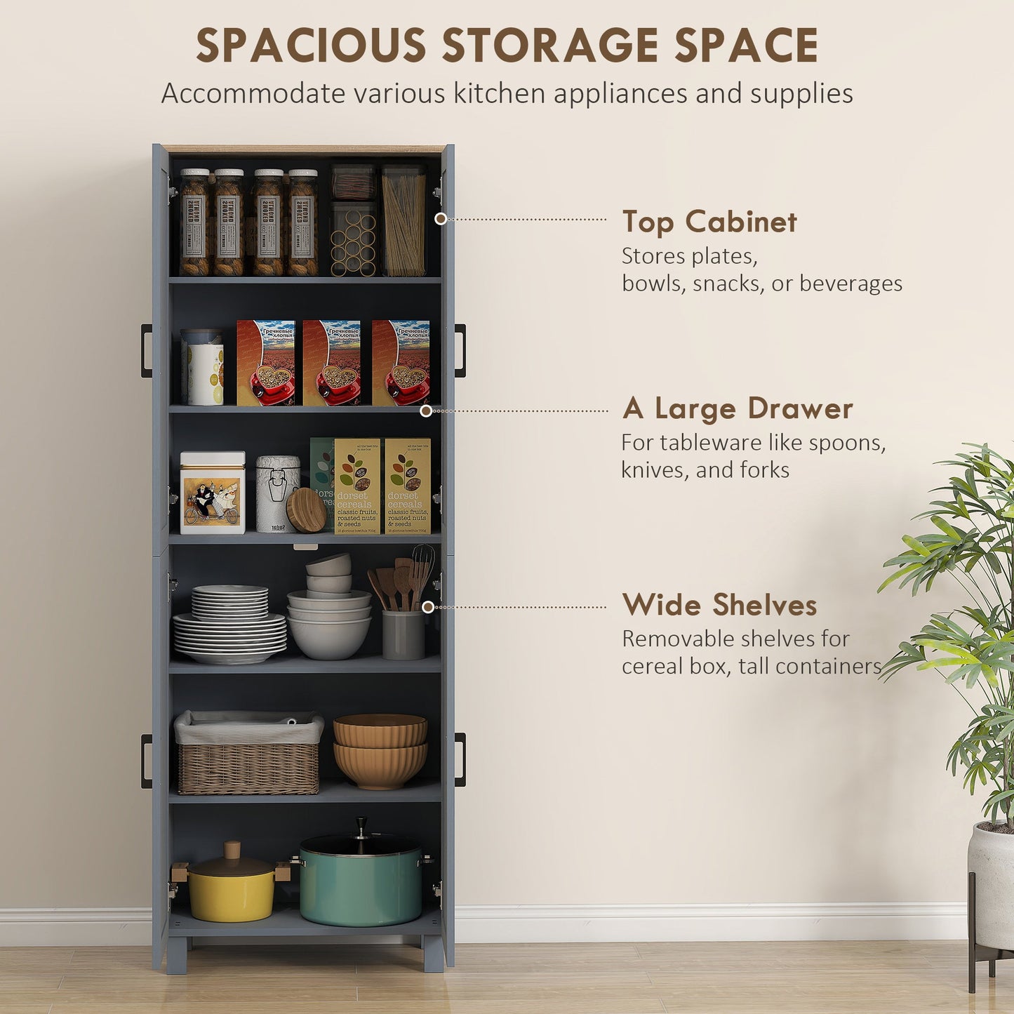 HOMCOM Freestanding Kitchen Cupboard, 4-Door Storage Cabinet with Adjustable Shelves, Modern Kitchen Pantry for Dining Room, 170cm, Grey Wood Effect