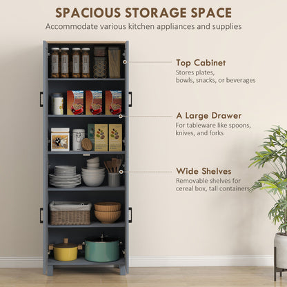 HOMCOM Freestanding Kitchen Cupboard, 4-Door Storage Cabinet with Adjustable Shelves, Modern Kitchen Pantry for Dining Room, 170cm, Grey Wood Effect