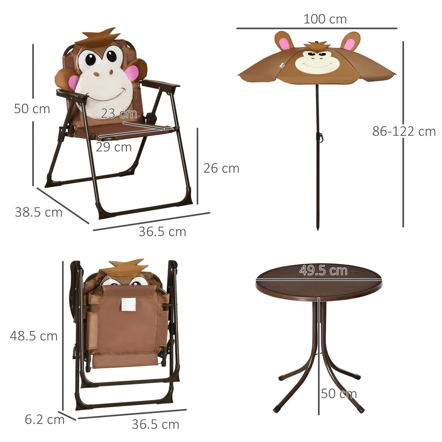 Outsunny Kids Bistro Table and Chair Set, Outdoor Folding Garden Furniture w/Monkey Design, Removable, Adjustable Sun Umbrella, Ages 3-6 Years - Brown