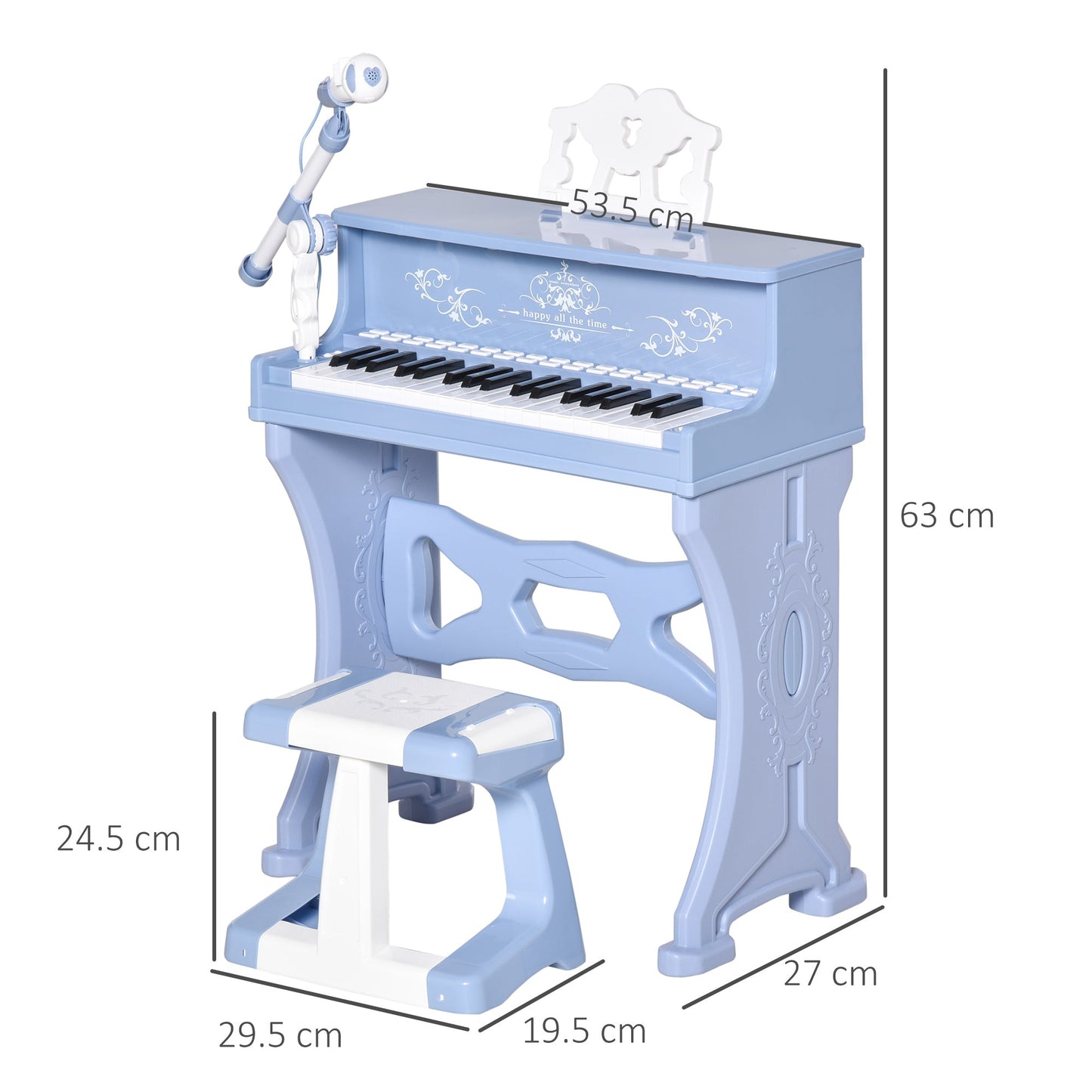 HOMCOM 37 Keys Kids Piano Mini Electronic Keyboard Light Kids Musical Instrument Educational Game Children Grand Piano Toy Set w/Stool & Microphone & Music Stand (Blue)