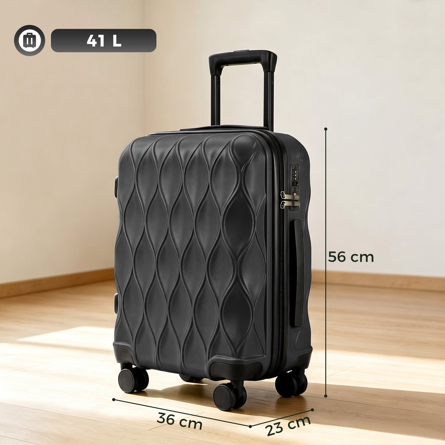 HOMCOM 22Inch 56cm Suitcase, ABS Hard Shell Carry On Luggage with TSA Lock, Spinner Wheels, Telescopic Handle, Black