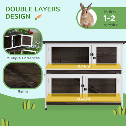 PawHut 2 Tiers Rabbit Cage Outdoor Guinea Pig Hutch with Sliding Trays, Asphalt Roof, No Screws Installation, for 1-2 Rabbits