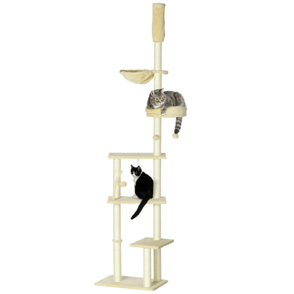 PawHut Floor to Ceiling Cat Tree, 6-Tier Play Tower Climbing Activity Center w/ Scratching Post, Platforms, Adjustable Height, Beige