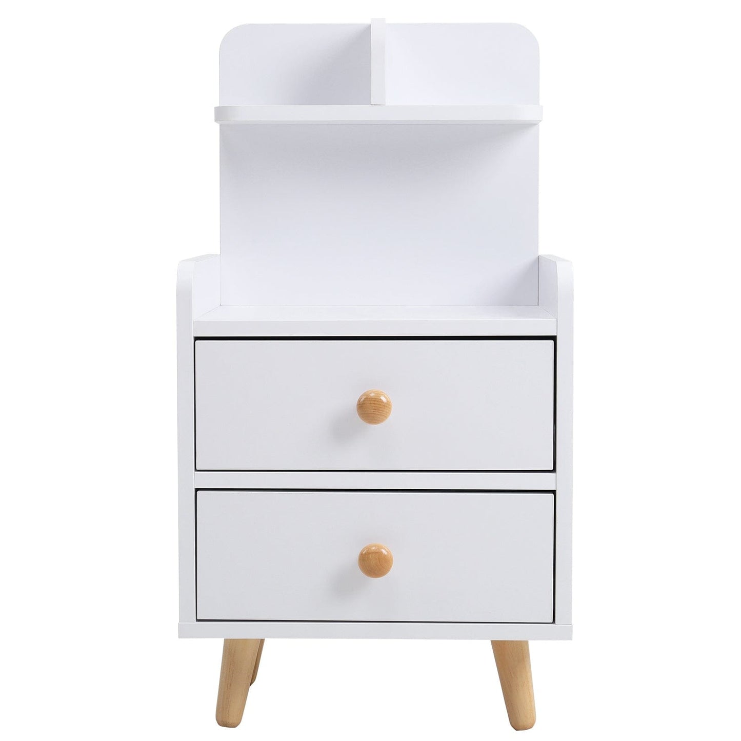 White Wooden Bedside Table with Wooden Legs and Drawers