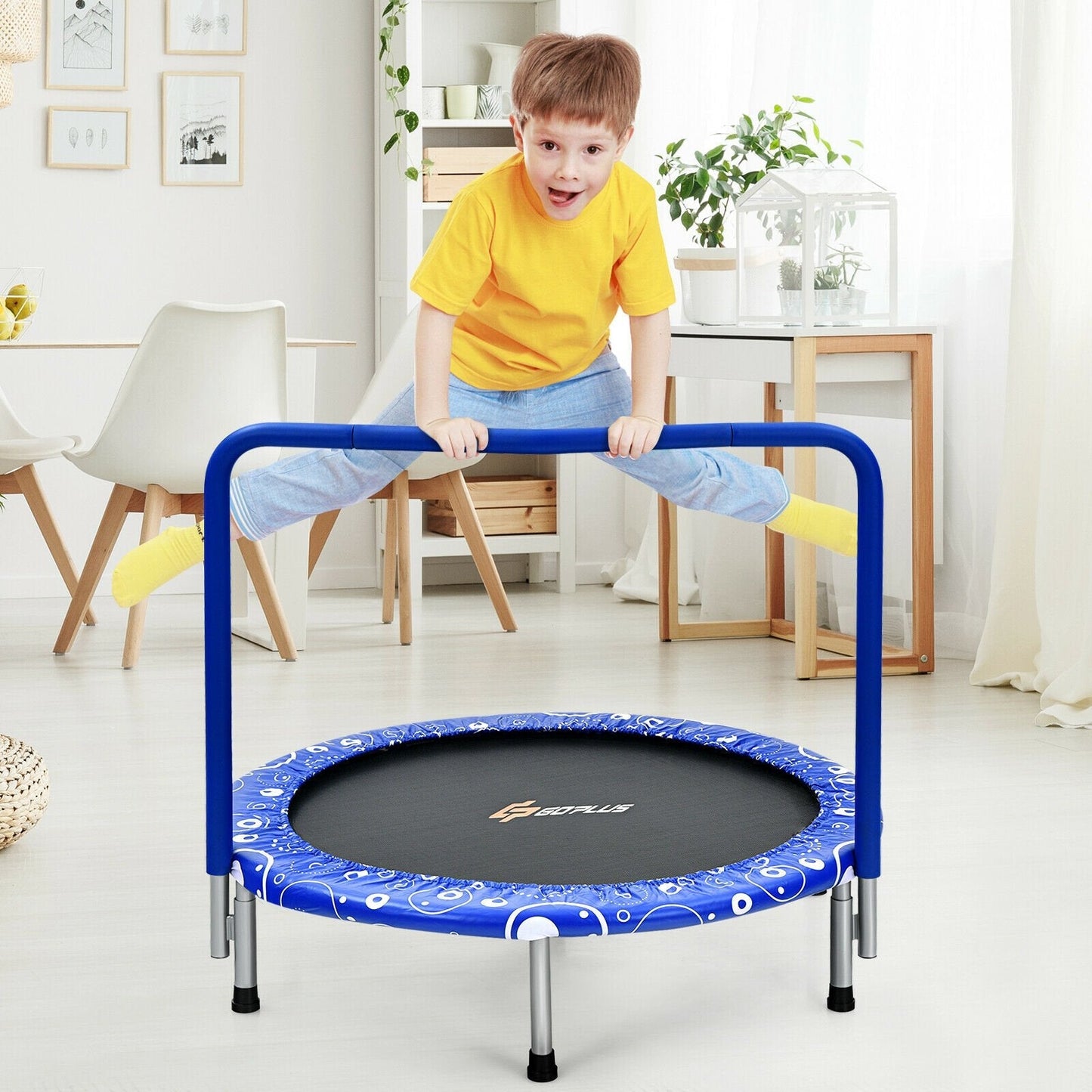Child's Folding Trampoline with Padded Edge Cover and Full Covered Handle-Blue