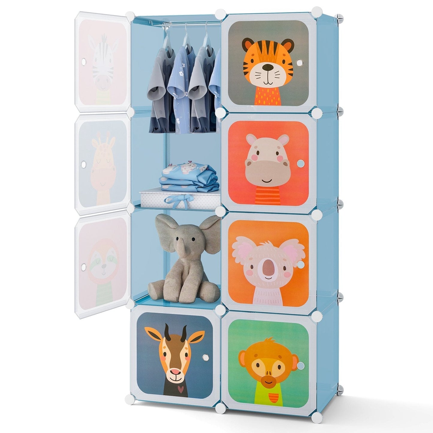 8-Cube Portable Kids Wardrobe with Hanging Section-Blue