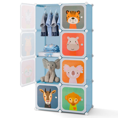 8-Cube Portable Kids Wardrobe with Hanging Section-Blue