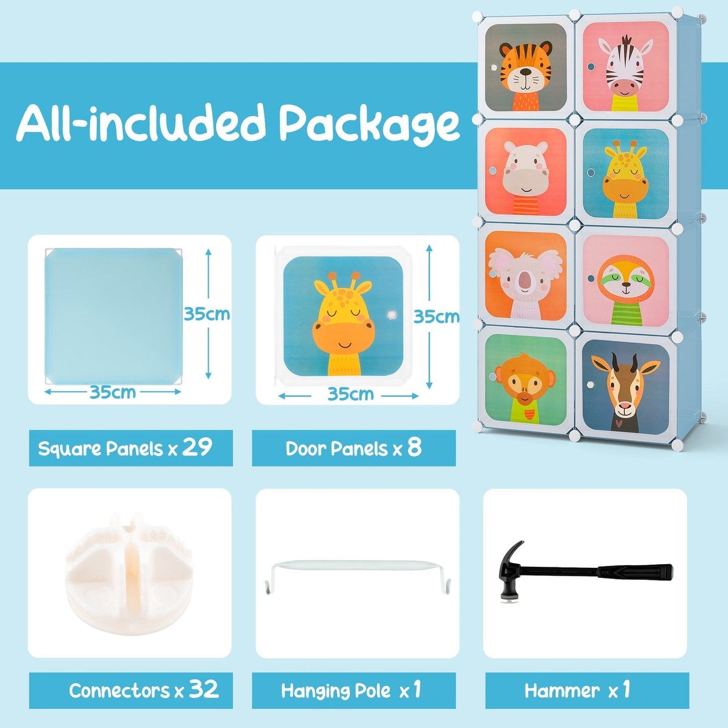 8-Cube Portable Kids Wardrobe with Hanging Section-Blue