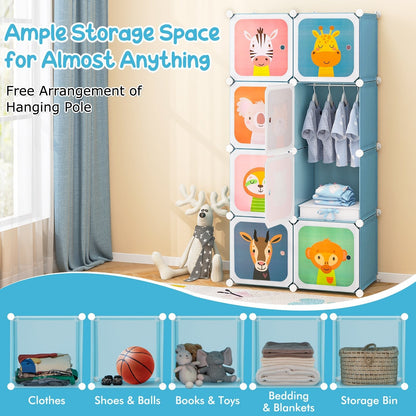 8-Cube Portable Kids Wardrobe with Hanging Section-Blue