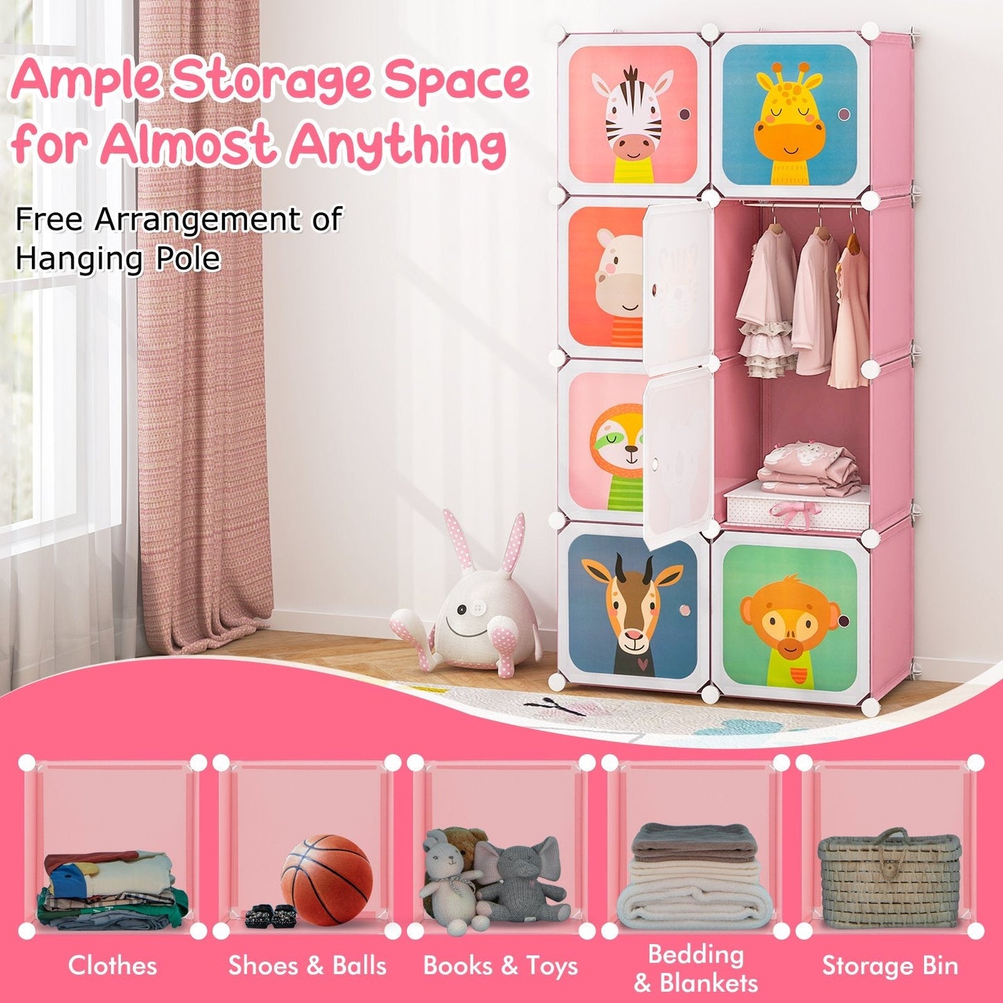 8-Cube Portable Kids Wardrobe with Hanging Section-Pink