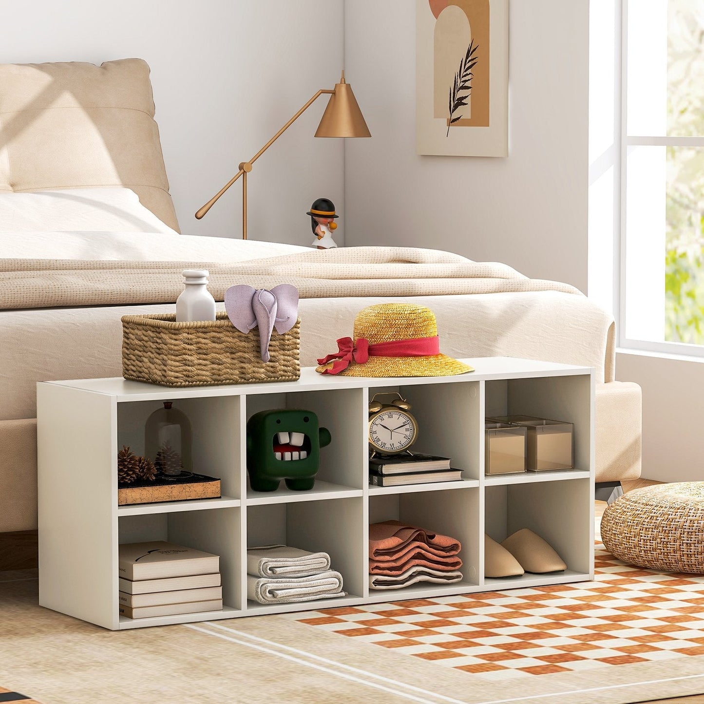 8 Grid Shoe Bench 2 in 1 Shoe Organizer with 8 Storage Cubbies-White