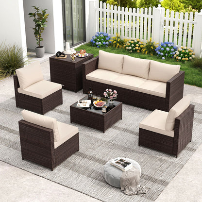 8 PCS Wicker Patio Furniture Set with Cushions and Storage Box-Brown