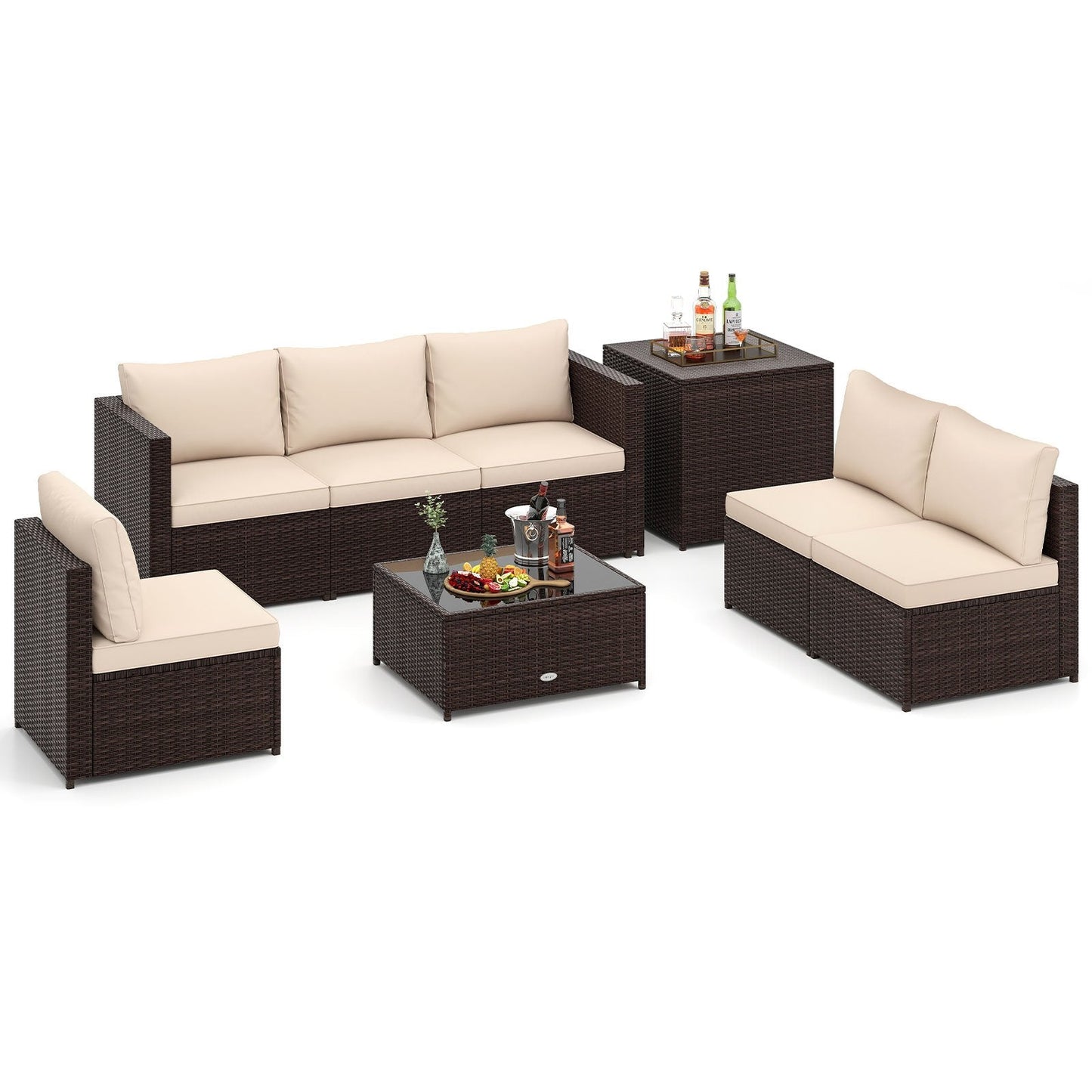 8 PCS Wicker Patio Furniture Set with Cushions and Storage Box-Brown
