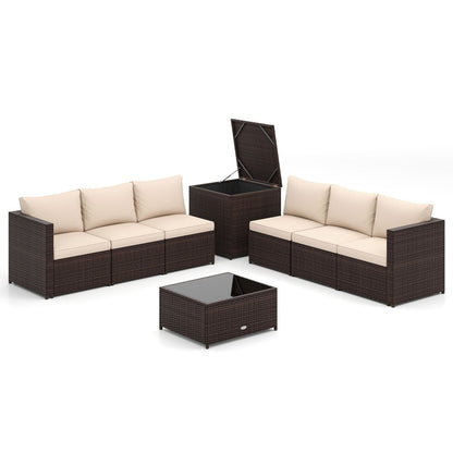 8 PCS Wicker Patio Furniture Set with Cushions and Storage Box-Brown