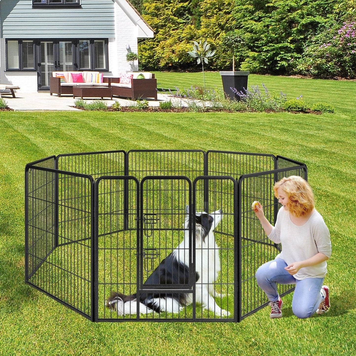 8 Panel 60cm/80cm Height Pen Fence with Lock and Large Door-Black-80 cm