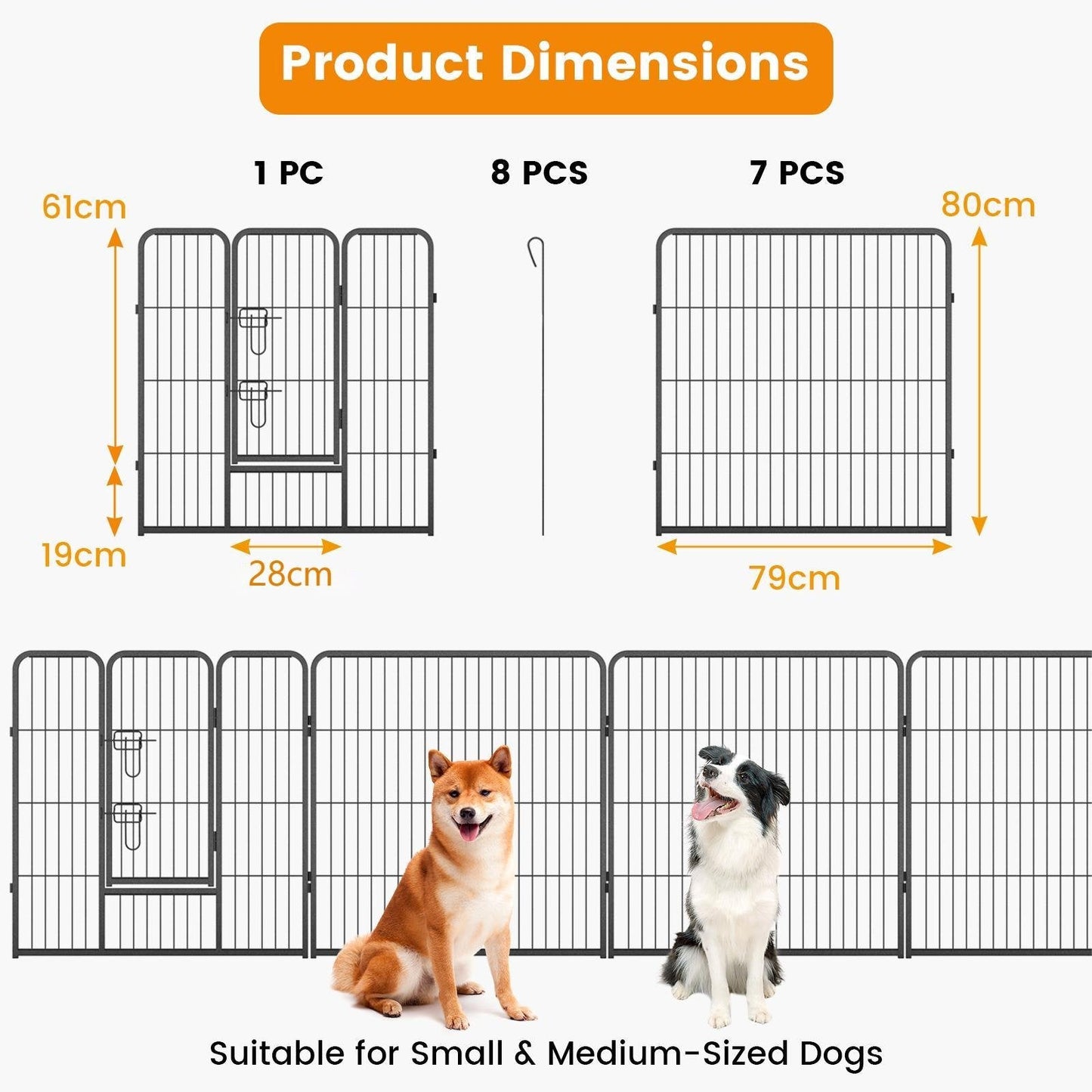 8 Panel 60cm/80cm Height Pen Fence with Lock and Large Door-Black-80 cm