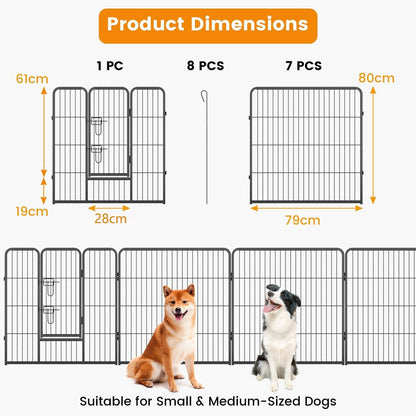 8 Panel 60cm/80cm Height Pen Fence with Lock and Large Door-Black-80 cm
